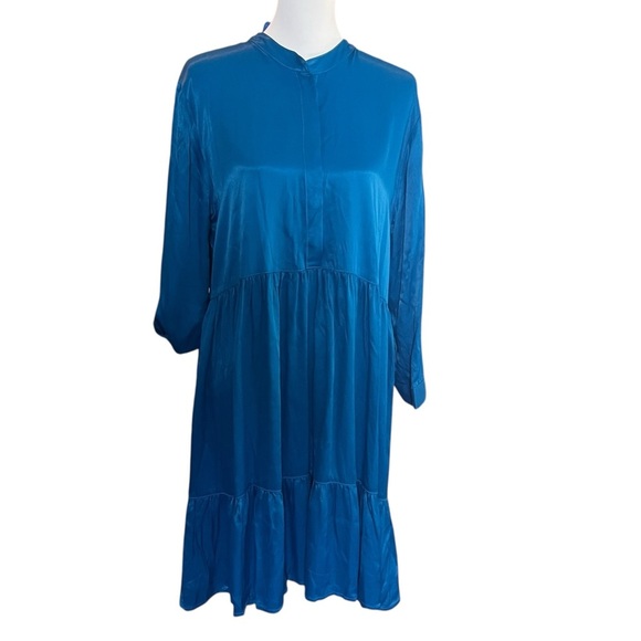 NWT Johnny Was Tiered Mandarin Collar Dress Long Sleeve Blue Large - Picture 2 of 8